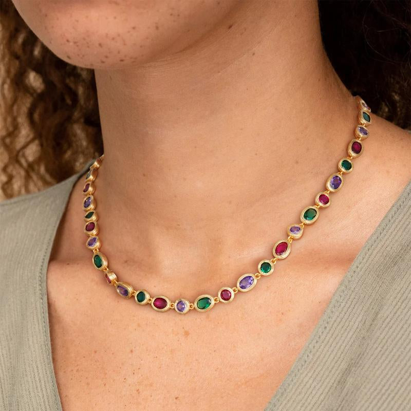 Turandoss Unisex 14K Gold Plated Multicolor Gemstone Tennis Necklace Square & Teardrop Cut Cubic Zirconia Choker Colorful Chain Jewelry Gift for Men & Women Birthday Wedding Anniversary Outdoorfun