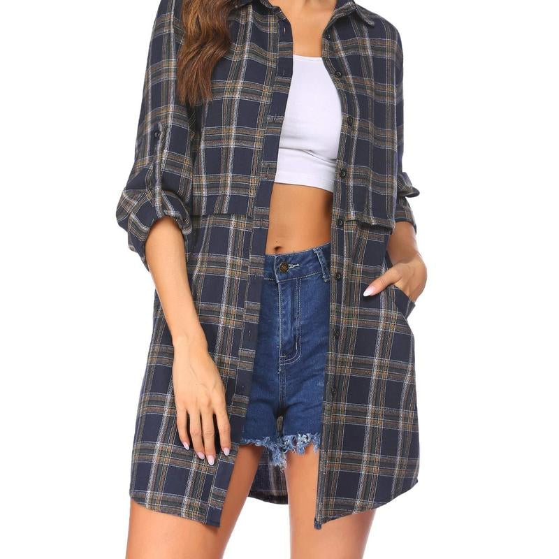 Women'S Plaid Shirt Casual Long Sleeve V-Neck Button-Up Oversize Loose Fit Tunika S-XXL for Autumn Winter