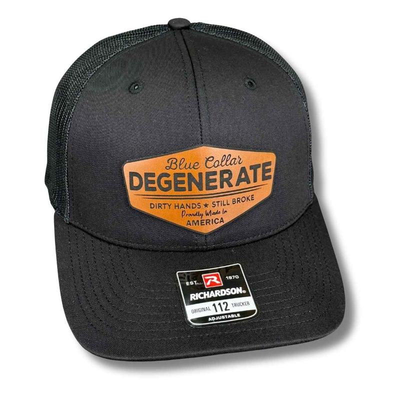 Blue Collar Degenerate Hat – Dirty Hands Still Broke Patch Hat – Custom Laser Engraved Trucker, Fitted, or Ponytail Cap