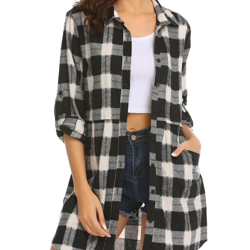 Women'S Plaid Shirt Casual Long Sleeve V-Neck Button-Up Oversize Loose Fit Tunika S-XXL for Autumn Winter