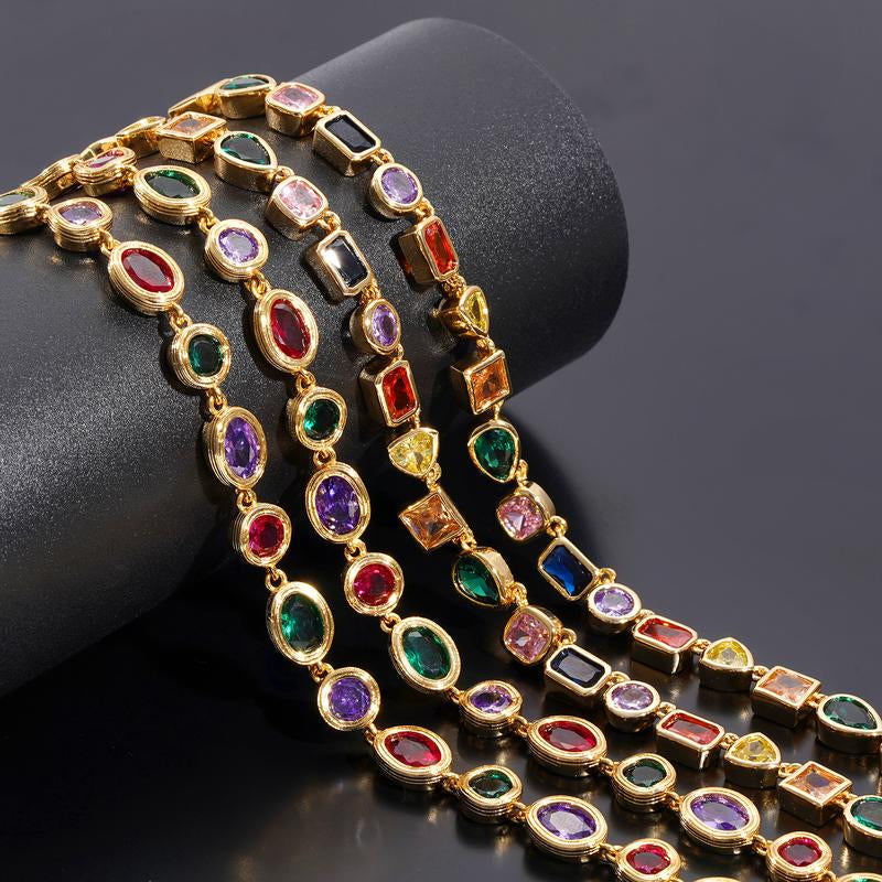 Turandoss Unisex 14K Gold Plated Multicolor Gemstone Tennis Necklace Square & Teardrop Cut Cubic Zirconia Choker Colorful Chain Jewelry Gift for Men & Women Birthday Wedding Anniversary Outdoorfun