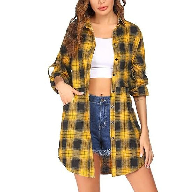Women'S Plaid Shirt Casual Long Sleeve V-Neck Button-Up Oversize Loose Fit Tunika S-XXL for Autumn Winter