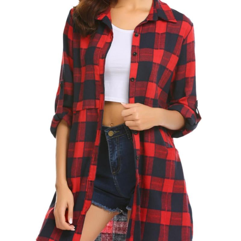 Women'S Plaid Shirt Casual Long Sleeve V-Neck Button-Up Oversize Loose Fit Tunika S-XXL for Autumn Winter