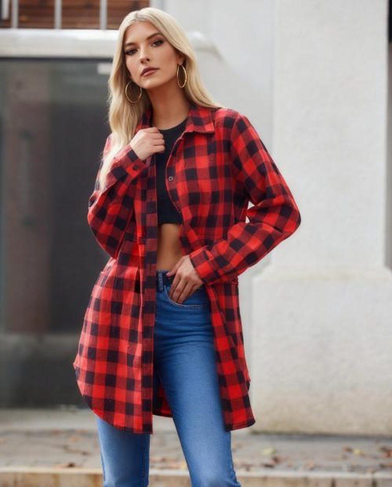 Women'S Plaid Shirt Casual Long Sleeve V-Neck Button-Up Oversize Loose Fit Tunika S-XXL for Autumn Winter