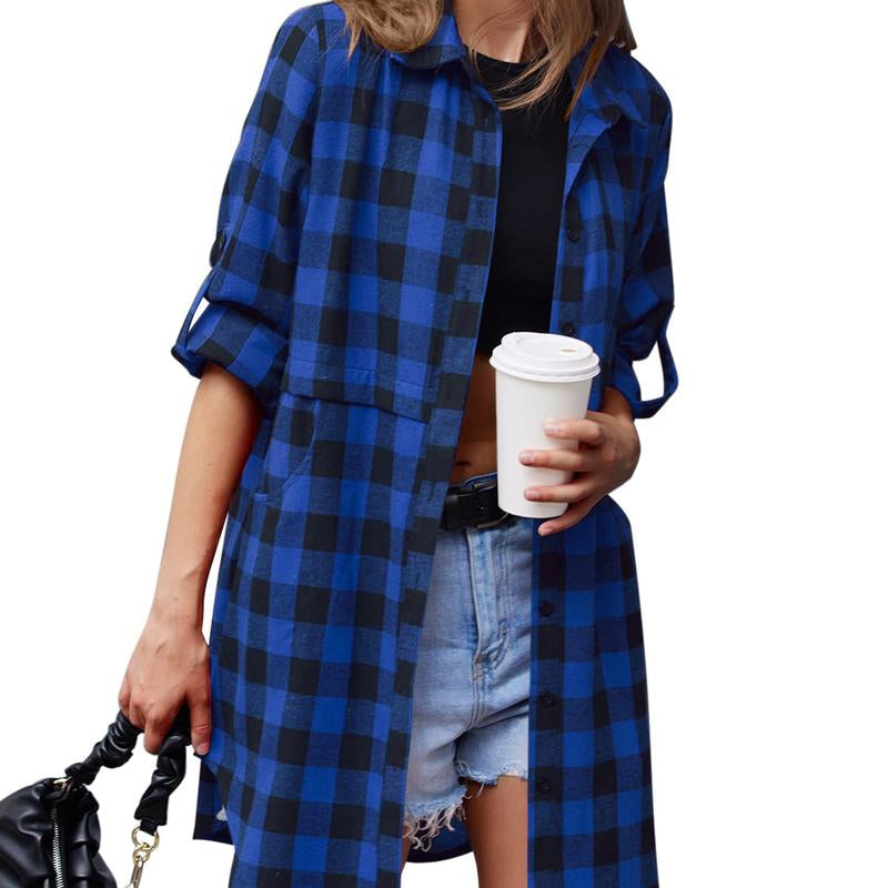 Women'S Plaid Shirt Casual Long Sleeve V-Neck Button-Up Oversize Loose Fit Tunika S-XXL for Autumn Winter
