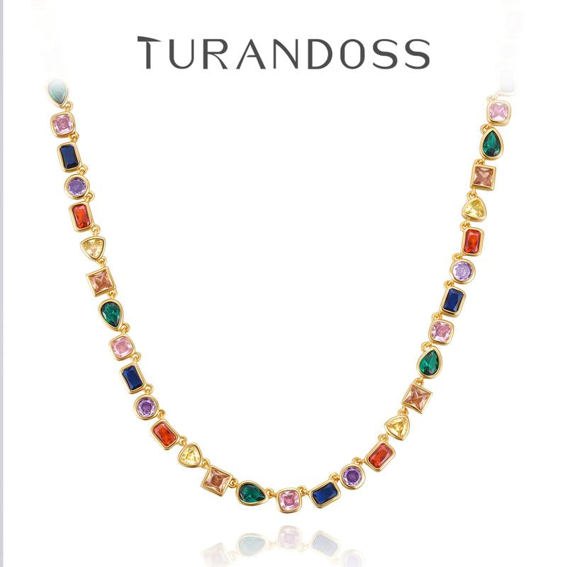 Turandoss Unisex 14K Gold Plated Multicolor Gemstone Tennis Necklace Square & Teardrop Cut Cubic Zirconia Choker Colorful Chain Jewelry Gift for Men & Women Birthday Wedding Anniversary Outdoorfun