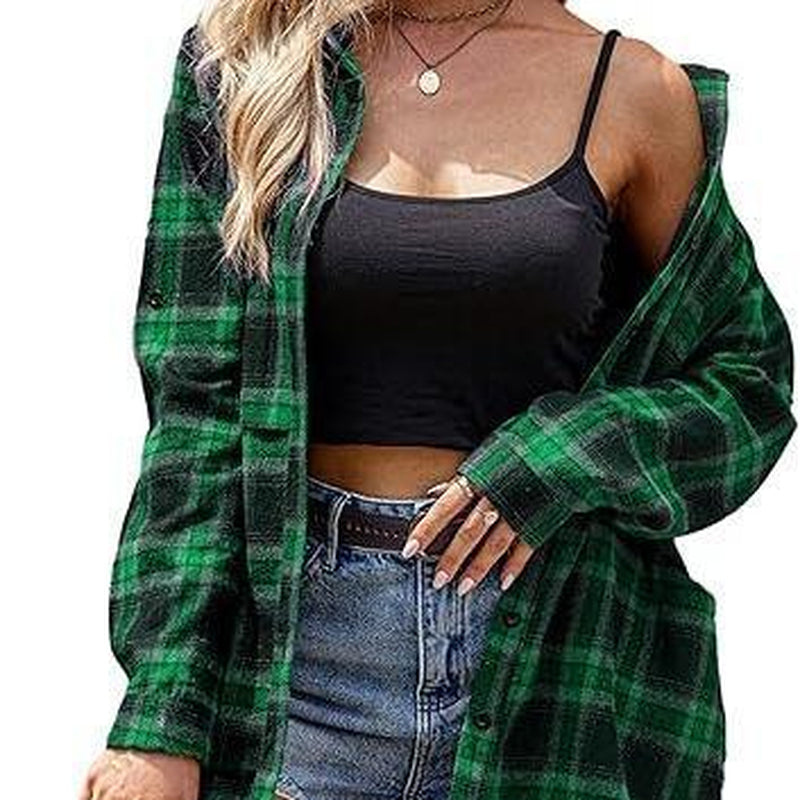 Women'S Plaid Shirt Casual Long Sleeve V-Neck Button-Up Oversize Loose Fit Tunika S-XXL for Autumn Winter