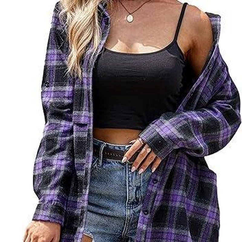 Women'S Plaid Shirt Casual Long Sleeve V-Neck Button-Up Oversize Loose Fit Tunika S-XXL for Autumn Winter