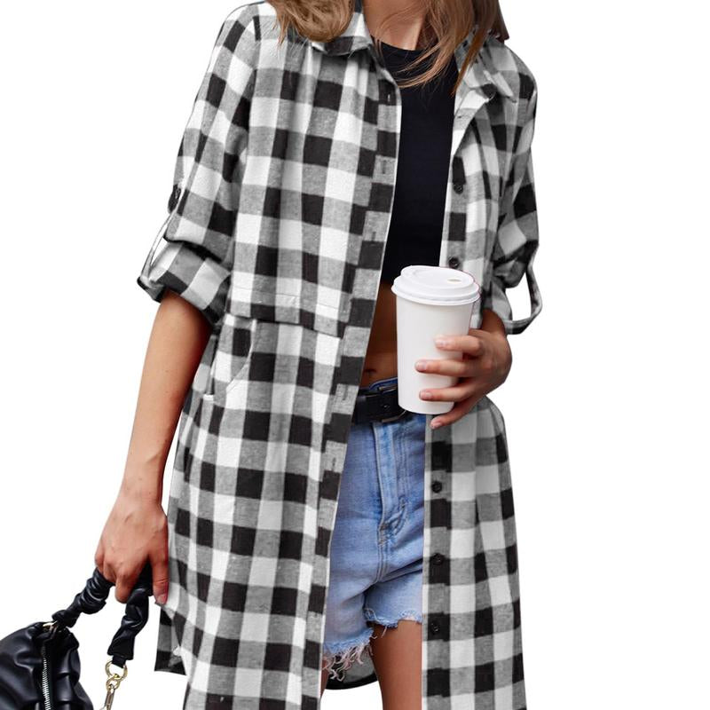 Women'S Plaid Shirt Casual Long Sleeve V-Neck Button-Up Oversize Loose Fit Tunika S-XXL for Autumn Winter