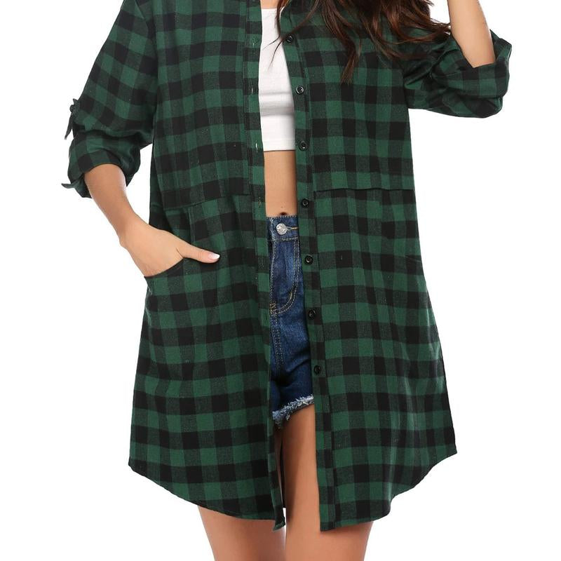 Women'S Plaid Shirt Casual Long Sleeve V-Neck Button-Up Oversize Loose Fit Tunika S-XXL for Autumn Winter