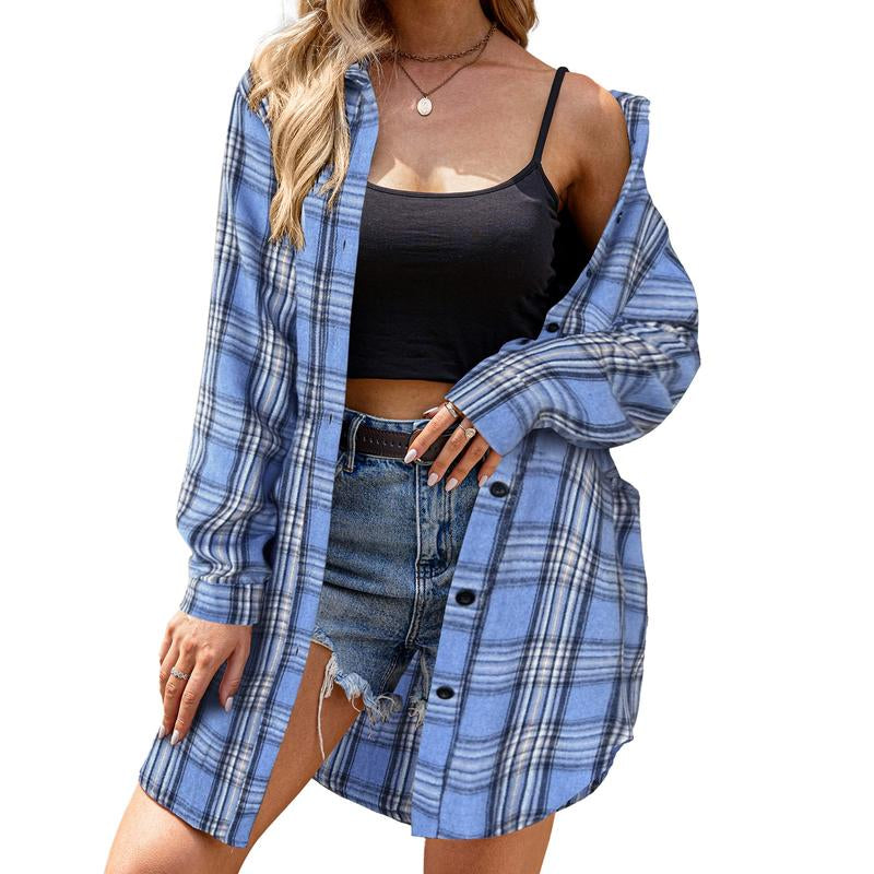 Women'S Plaid Shirt Casual Long Sleeve V-Neck Button-Up Oversize Loose Fit Tunika S-XXL for Autumn Winter