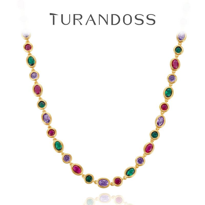 Turandoss Unisex 14K Gold Plated Multicolor Gemstone Tennis Necklace Square & Teardrop Cut Cubic Zirconia Choker Colorful Chain Jewelry Gift for Men & Women Birthday Wedding Anniversary Outdoorfun