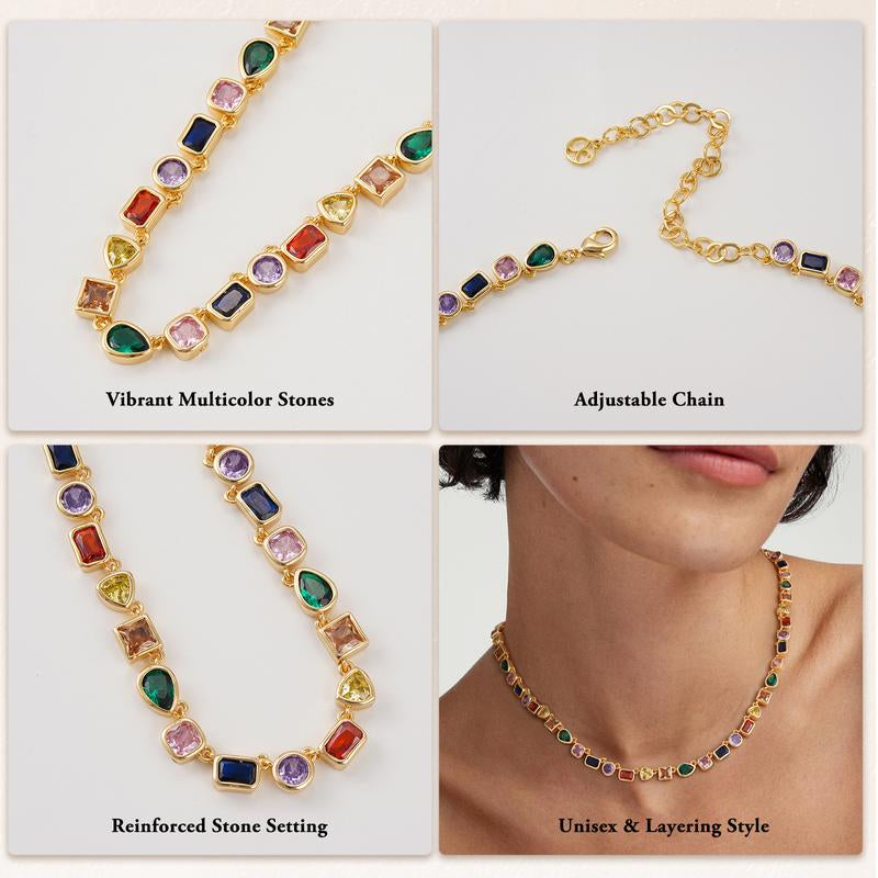Turandoss Unisex 14K Gold Plated Multicolor Gemstone Tennis Necklace Square & Teardrop Cut Cubic Zirconia Choker Colorful Chain Jewelry Gift for Men & Women Birthday Wedding Anniversary Outdoorfun