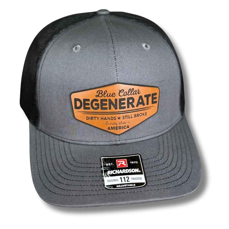 Blue Collar Degenerate Hat – Dirty Hands Still Broke Patch Hat – Custom Laser Engraved Trucker, Fitted, or Ponytail Cap