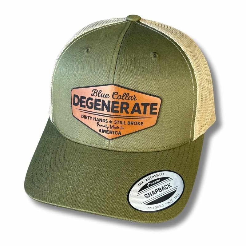 Blue Collar Degenerate Hat – Dirty Hands Still Broke Patch Hat – Custom Laser Engraved Trucker, Fitted, or Ponytail Cap