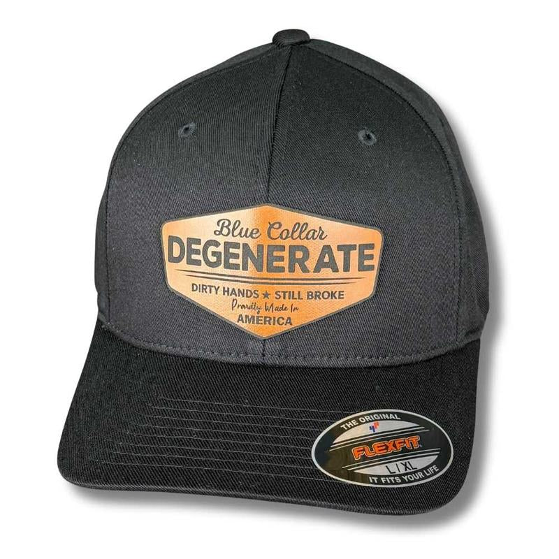 Blue Collar Degenerate Hat – Dirty Hands Still Broke Patch Hat – Custom Laser Engraved Trucker, Fitted, or Ponytail Cap