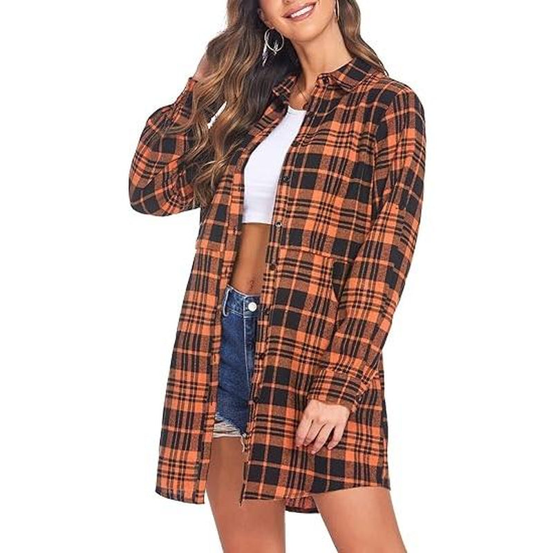 Women'S Plaid Shirt Casual Long Sleeve V-Neck Button-Up Oversize Loose Fit Tunika S-XXL for Autumn Winter