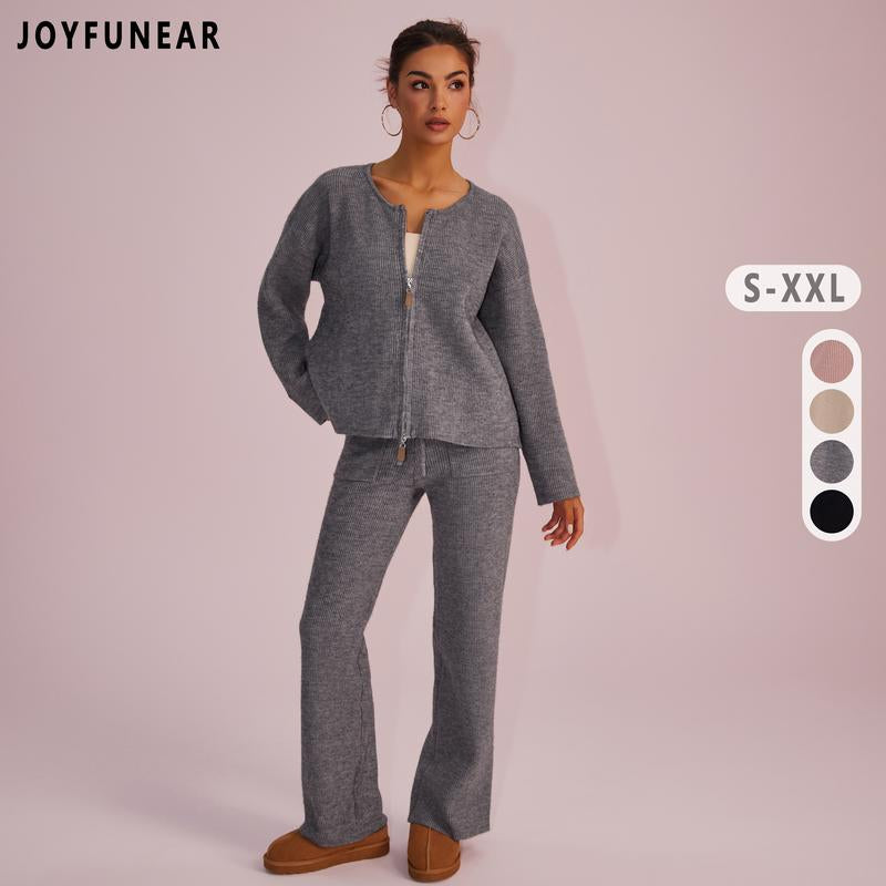 Joyfunear Women'S Oversized Knit Sweater & Wide-Leg Pants Set - Cozy Casual Two-Piece for Comfortable Home Wear - Pink Colorway, Chunky Knit, High-Waisted, Flowy Silhouette, Versatile Styling, Loungewear