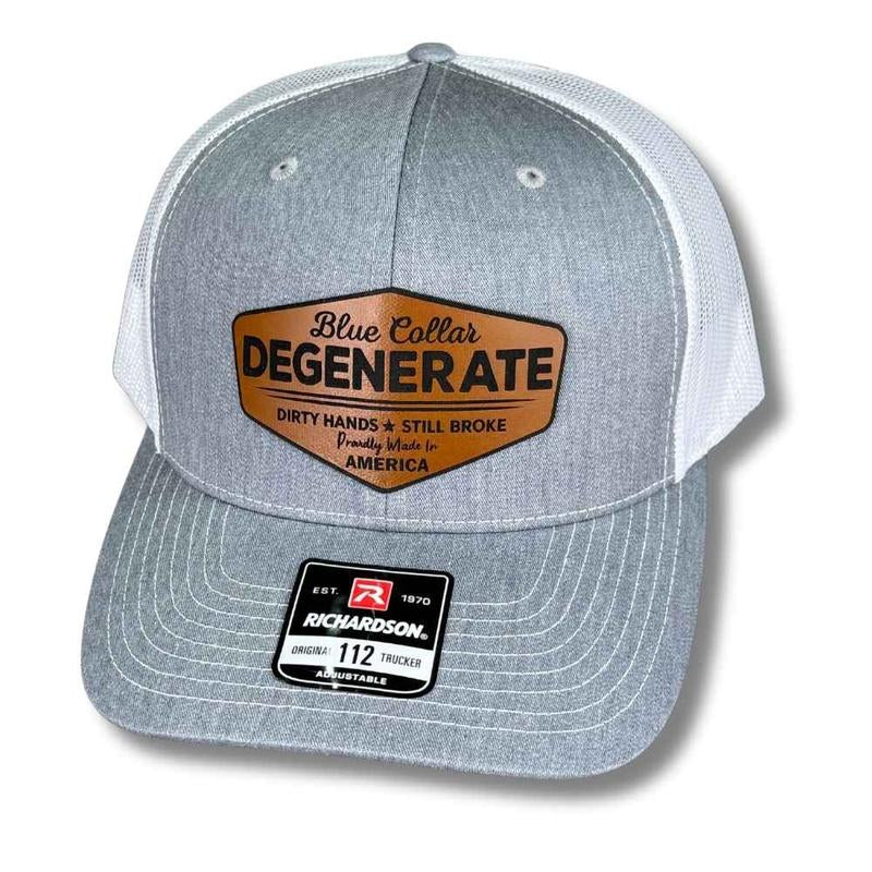Blue Collar Degenerate Hat – Dirty Hands Still Broke Patch Hat – Custom Laser Engraved Trucker, Fitted, or Ponytail Cap