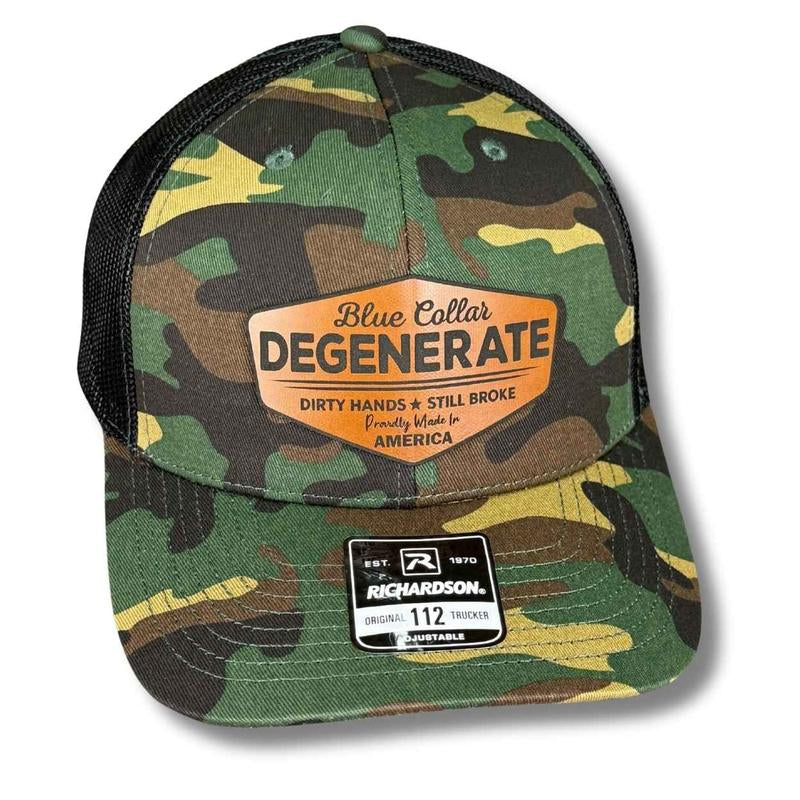 Blue Collar Degenerate Hat – Dirty Hands Still Broke Patch Hat – Custom Laser Engraved Trucker, Fitted, or Ponytail Cap