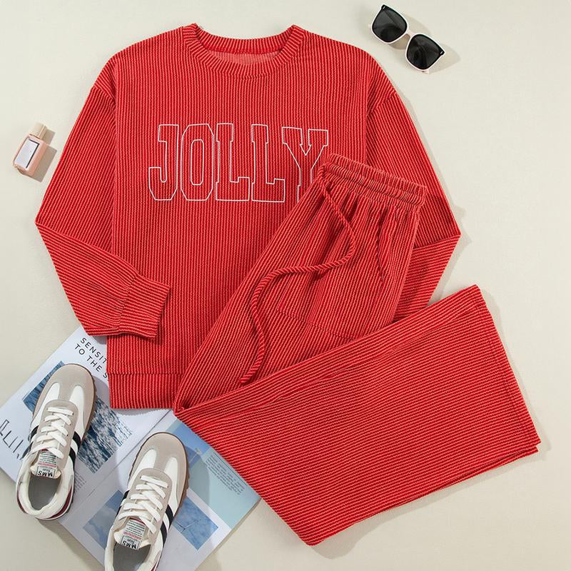 JOLLY Corded Long Sleeve Top and Pockets Pants Set Women'S Loungewear Set Homewear for Christmas