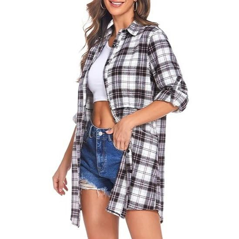 Women'S Plaid Shirt Casual Long Sleeve V-Neck Button-Up Oversize Loose Fit Tunika S-XXL for Autumn Winter