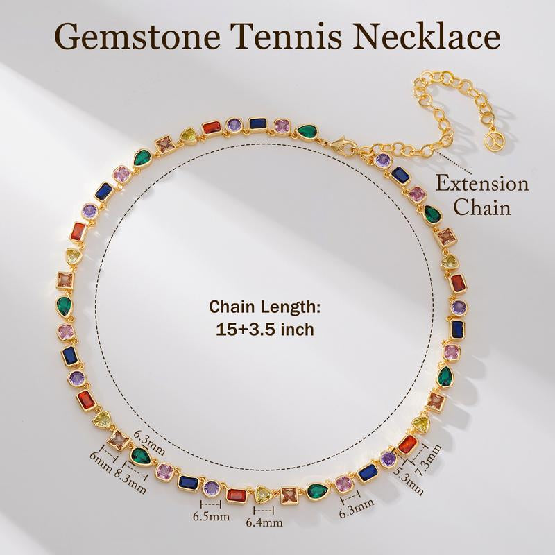 Turandoss Unisex 14K Gold Plated Multicolor Gemstone Tennis Necklace Square & Teardrop Cut Cubic Zirconia Choker Colorful Chain Jewelry Gift for Men & Women Birthday Wedding Anniversary Outdoorfun