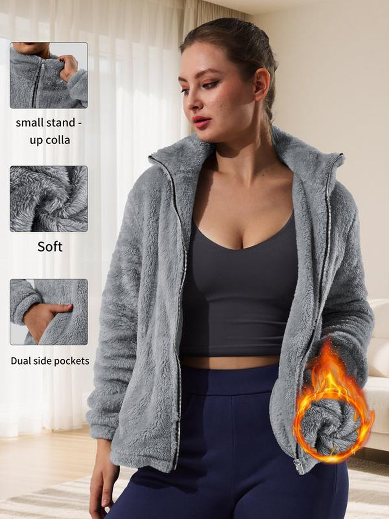 Oversized Women'S Sherpa Fleece Jacket – Full-Zip Cozy Teddy Coat, Soft Plush Stand Collar, Two Pockets, Casual Travel & Winter Pajamas & Loungewearuterwear Dressing Gowns Nightdresses Chic Everyday Fit