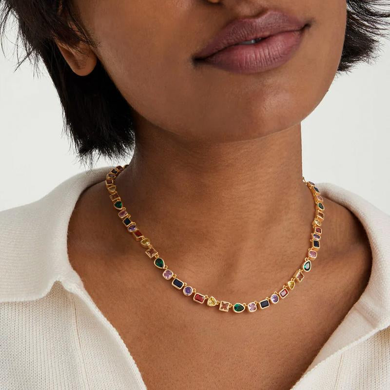 Turandoss Unisex 14K Gold Plated Multicolor Gemstone Tennis Necklace Square & Teardrop Cut Cubic Zirconia Choker Colorful Chain Jewelry Gift for Men & Women Birthday Wedding Anniversary Outdoorfun
