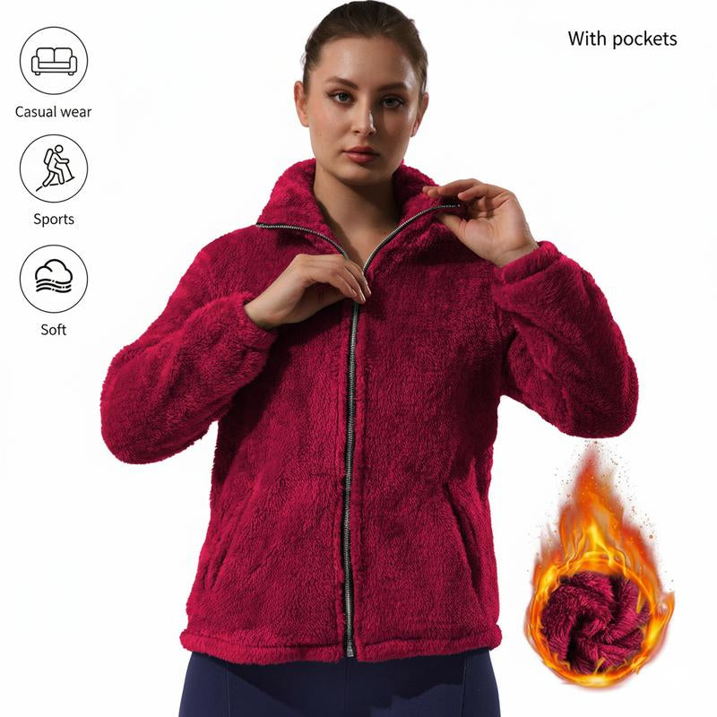 Oversized Women'S Sherpa Fleece Jacket – Full-Zip Cozy Teddy Coat, Soft Plush Stand Collar, Two Pockets, Casual Travel & Winter Pajamas & Loungewearuterwear Dressing Gowns Nightdresses Chic Everyday Fit