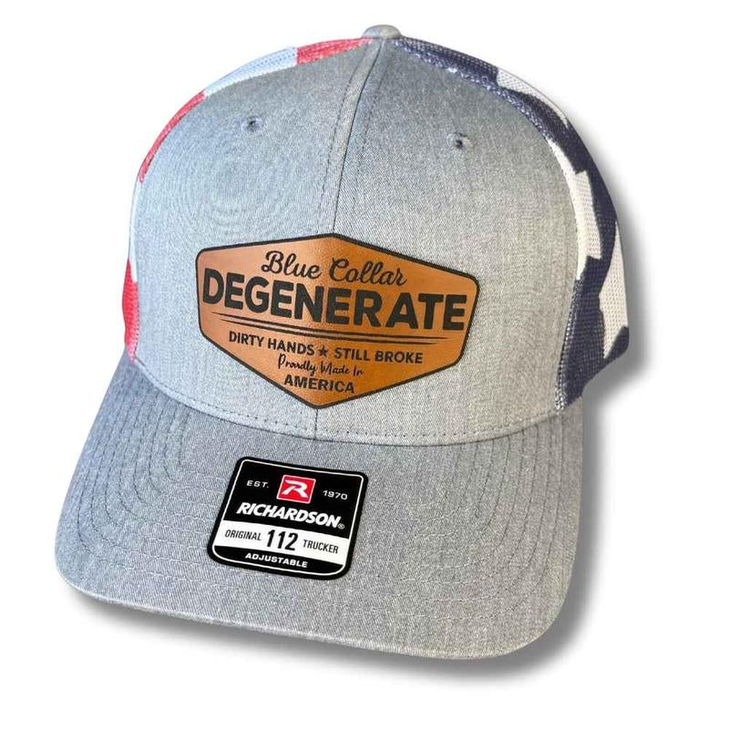 Blue Collar Degenerate Hat – Dirty Hands Still Broke Patch Hat – Custom Laser Engraved Trucker, Fitted, or Ponytail Cap