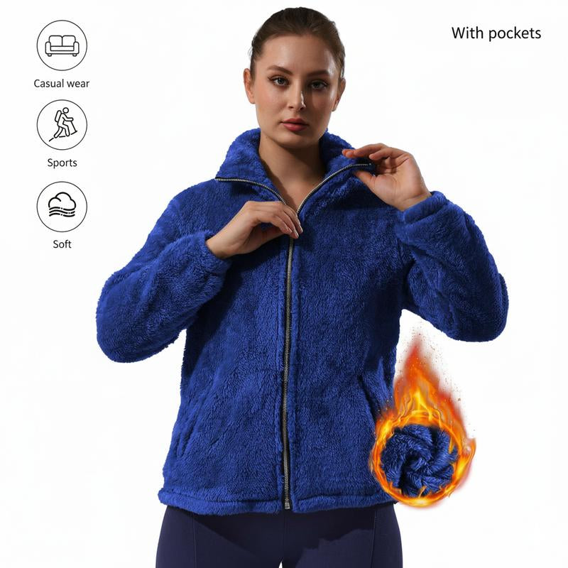 Oversized Women'S Sherpa Fleece Jacket – Full-Zip Cozy Teddy Coat, Soft Plush Stand Collar, Two Pockets, Casual Travel & Winter Pajamas & Loungewearuterwear Dressing Gowns Nightdresses Chic Everyday Fit