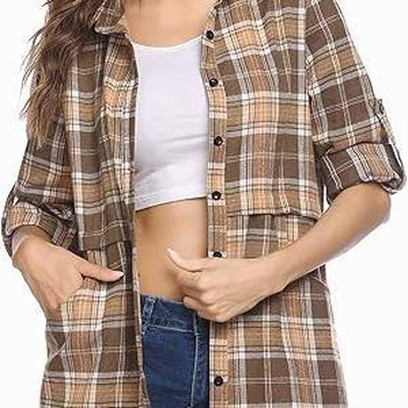 Women'S Plaid Shirt Casual Long Sleeve V-Neck Button-Up Oversize Loose Fit Tunika S-XXL for Autumn Winter
