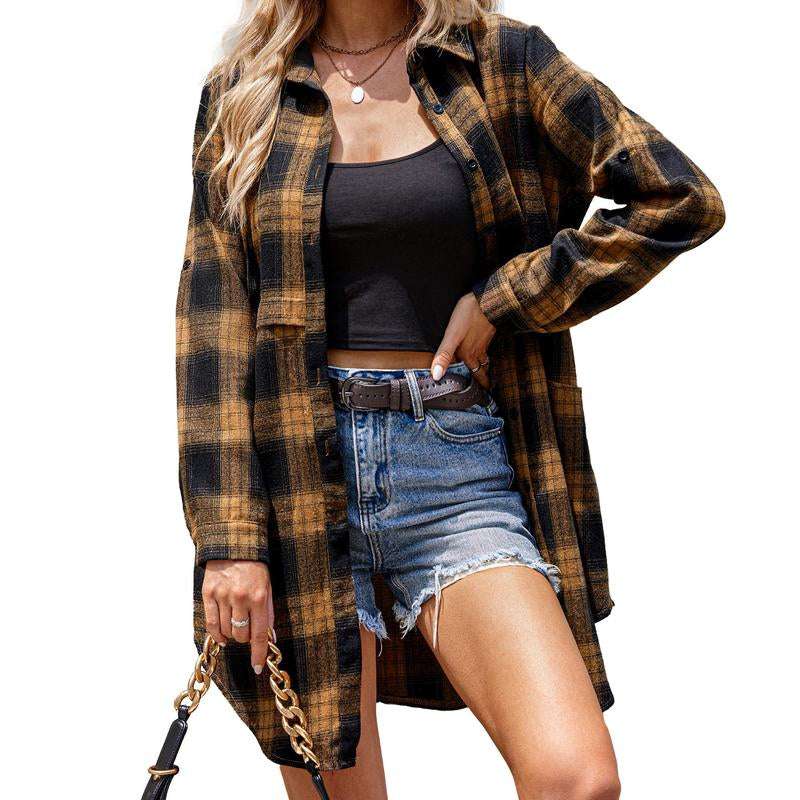 Women'S Plaid Shirt Casual Long Sleeve V-Neck Button-Up Oversize Loose Fit Tunika S-XXL for Autumn Winter