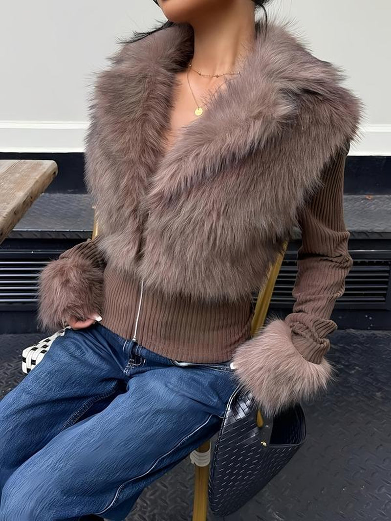 Women'S Fashion Street Style Patchwork Knit Faux Fur Jacket, Zipper Long Sleeve Coat, Fall & Winter Thick Fabric, Casual Wear