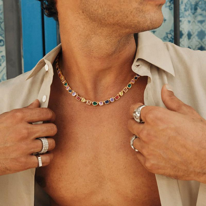 Turandoss Unisex 14K Gold Plated Multicolor Gemstone Tennis Necklace Square & Teardrop Cut Cubic Zirconia Choker Colorful Chain Jewelry Gift for Men & Women Birthday Wedding Anniversary Outdoorfun