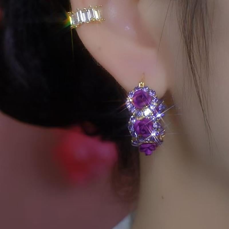 French Purple Rose Earrings for Women, Romantic Chic Jewelry, Luxury Elegant Statement Hoops 2025 Trend Outdoorfun