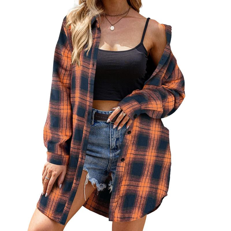 Women'S Plaid Shirt Casual Long Sleeve V-Neck Button-Up Oversize Loose Fit Tunika S-XXL for Autumn Winter