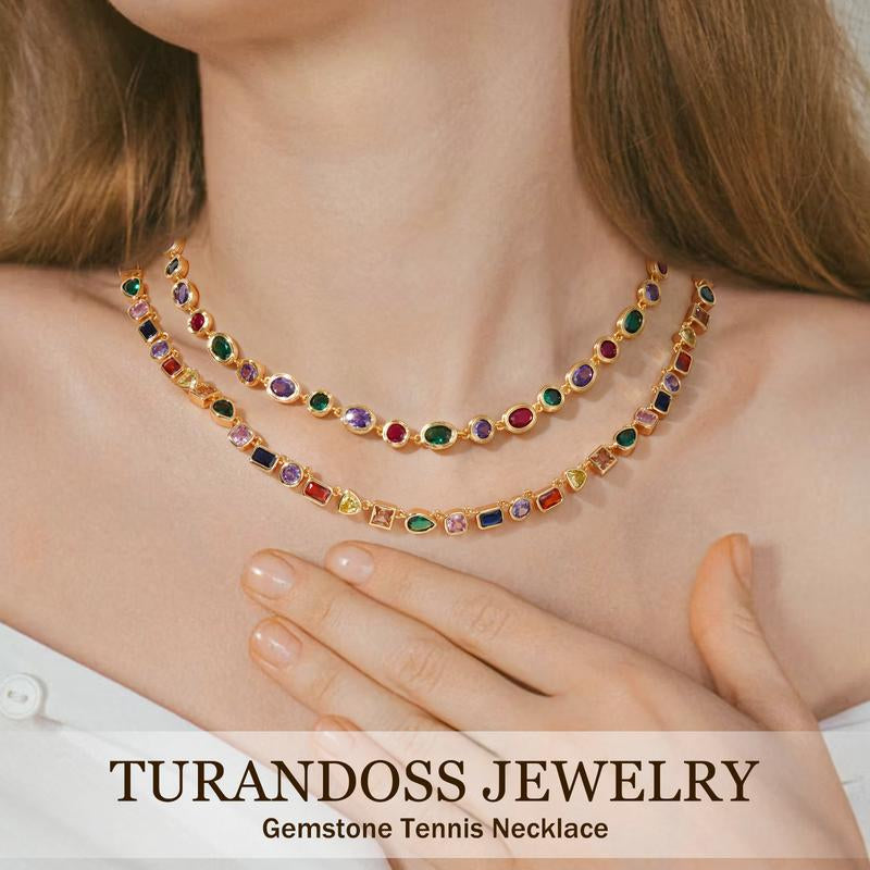 Turandoss Unisex 14K Gold Plated Multicolor Gemstone Tennis Necklace Square & Teardrop Cut Cubic Zirconia Choker Colorful Chain Jewelry Gift for Men & Women Birthday Wedding Anniversary Outdoorfun