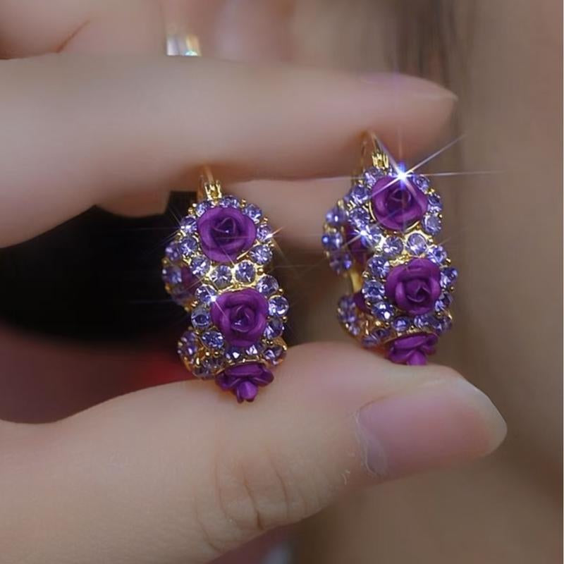 French Purple Rose Earrings for Women, Romantic Chic Jewelry, Luxury Elegant Statement Hoops 2025 Trend Outdoorfun