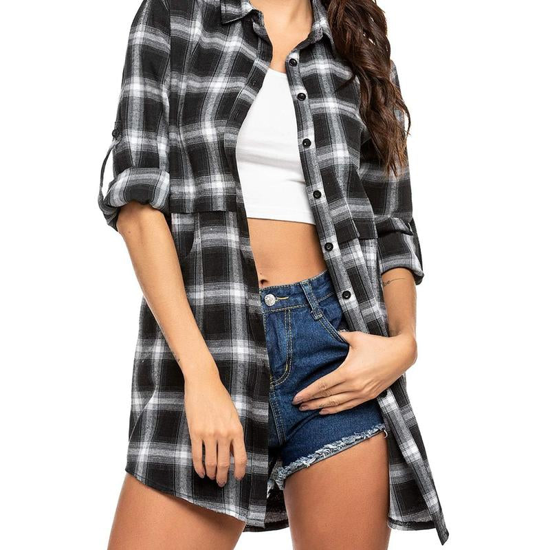 Women'S Plaid Shirt Casual Long Sleeve V-Neck Button-Up Oversize Loose Fit Tunika S-XXL for Autumn Winter