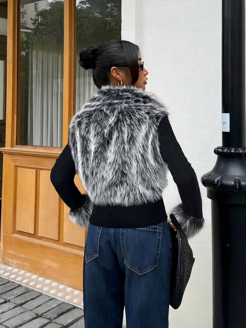 Women'S Fashion Street Style Patchwork Knit Faux Fur Jacket, Zipper Long Sleeve Coat, Fall & Winter Thick Fabric, Casual Wear