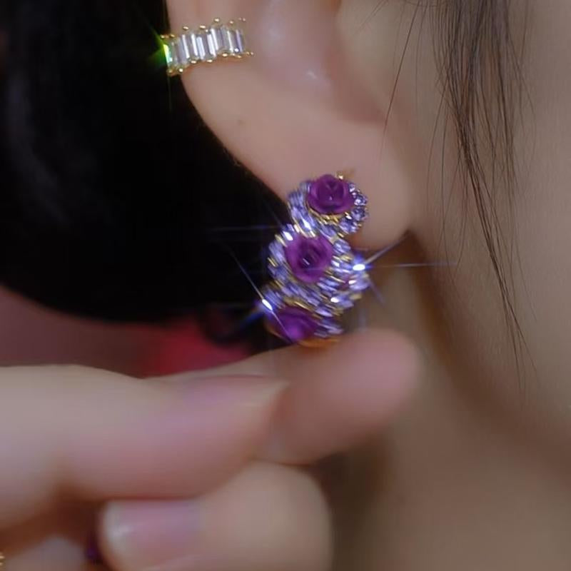 French Purple Rose Earrings for Women, Romantic Chic Jewelry, Luxury Elegant Statement Hoops 2025 Trend Outdoorfun